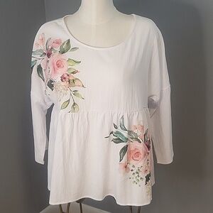 No Label White Floral Lightweight 3/4 Sleeve Scoop Neck Babydoll Top Size XL